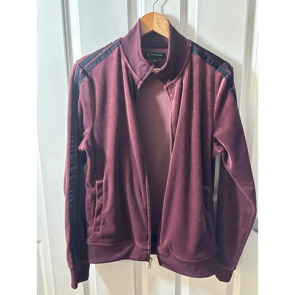 INC International Concepts Burgundy Velour Track Jacket‎ Striped Mens Size S
